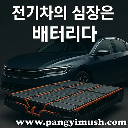 전기차의 심장은 배터리임을 상징하는 이미지, 차량과 배터리 팩이 함께 표현된 과학적 장면