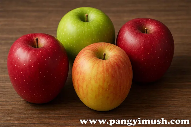 다양한 색의 사과 품종이 나무 테이블 위에 놓인 모습