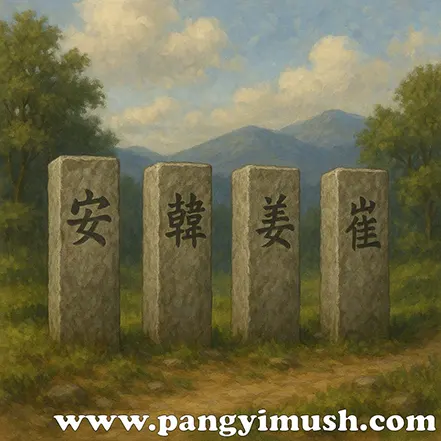 안(安), 한(韓), 강(姜), 최(崔) 네 성씨가 새겨진 돌기둥이 나란히 서 있는 풍경