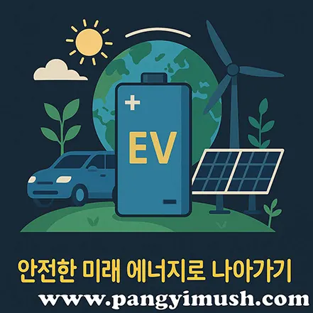 전기차, 태양광, 풍력 발전이 함께 표현된 친환경 에너지 일러스트, 안전한 미래 에너지를 상징하는 이미지