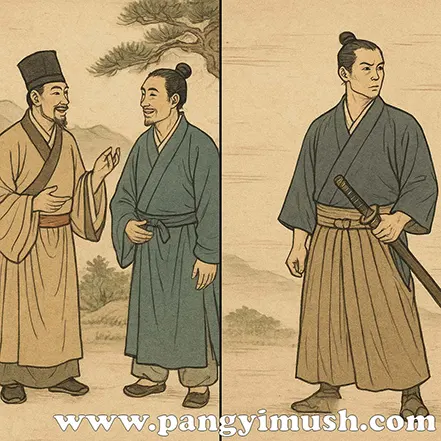 중국과 일본 전통 복장을 한 인물들이 등장하는 동양화풍 일러스트