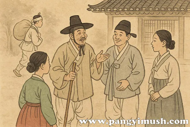 조선시대 한복을 입은 사람들이 마을에서 대화하는 장면