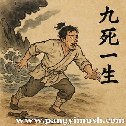구사일생 장면을 묘사한 동양화 – 파도와 폭풍 속에서 살아남은 남자