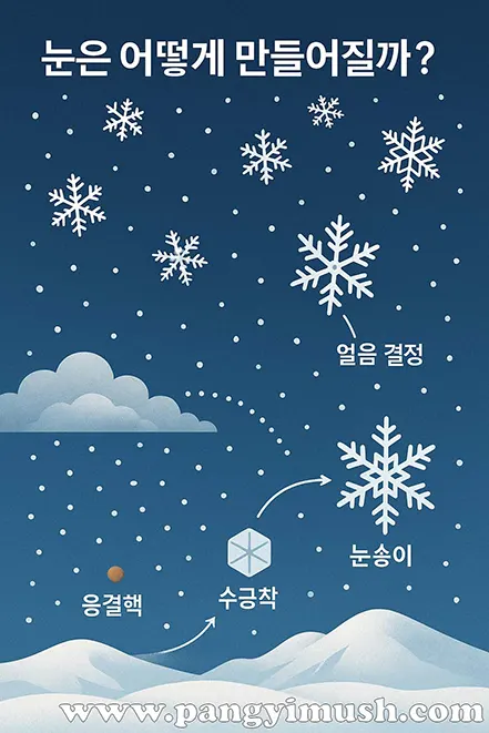 눈이 만들어지는 과정을 설명하는 일러스트 – 응결핵, 수증착, 얼음 결정, 눈송이 형성