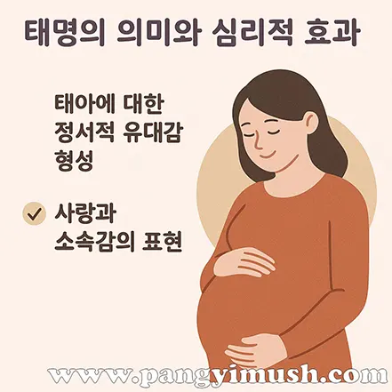 ‘태명의 의미와 심리적 효과’ 문구와 함께 배를 감싸며 미소 짓는 임신부 일러스트