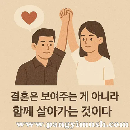 손을 맞잡은 젊은 부부가 미소를 짓고 있는 일러스트, ‘결혼은 보여주는 게 아니라 함께 살아가는 것이다’라는 문구가 있는 따뜻한 분위기의 이미지