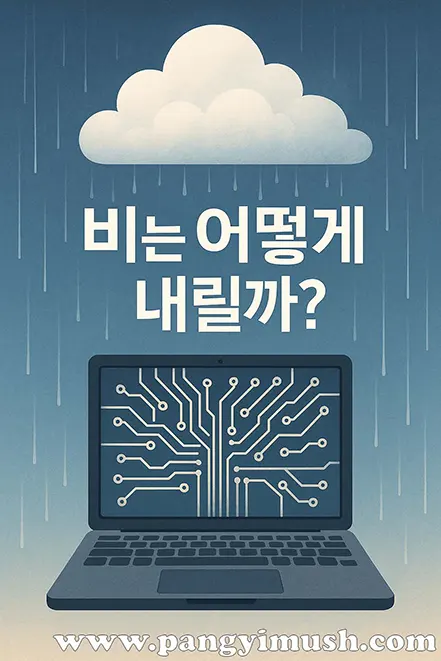 구름과 노트북 회로가 결합된 일러스트 – 자연의 복잡한 질서를 컴퓨터로 비유한 이미지