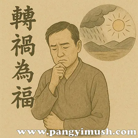 생각에 잠긴 남성이 비와 햇살이 공존하는 풍경을 배경으로 서 있는 철학적 일러스트