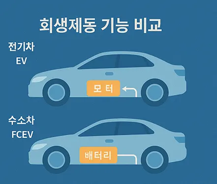 전기차와 수소차의 회생제동 기능 비교 인포그래픽 – 모터와 배터리 충전 방식 차이