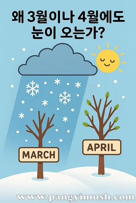 3월과 4월에도 눈이 내리는 현상을 설명하는 일러스트 – 봄 햇살과 눈송이가 함께 있는 풍경