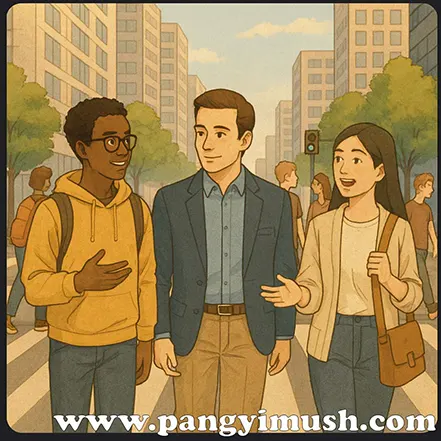 도시 거리에서 다양한 인종의 세 사람이 대화하며 걷는 장면 – 서로에게서 배우는 현대 사회의 배움 철학