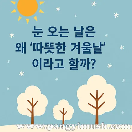 눈 오는 따뜻한 겨울날을 표현한 일러스트 – 눈 내리는 풍경과 햇살이 비치는 장면