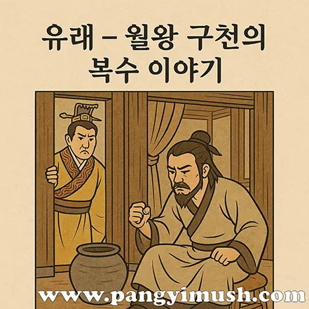 월왕 구천의 복수 이야기를 묘사한 전통풍 일러스트 – 구천과 오왕 부차의 장면