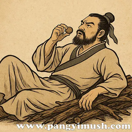 장작더미 위에 누워 쓸개를 맛보는 남자의 일러스트 – 와신상담 상징