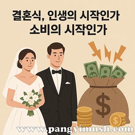 신랑 신부가 결혼식 비용을 상징하는 돈자루와 금화를 배경으로 서 있는 일러스트, 결혼이 인생의 시작인지 소비의 시작인지에 대한 질문을 담은 이미지