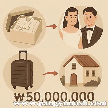 예단 상자, 신혼여행 가방, 신혼부부, 주택을 연결한 일러스트로 결혼식 이후 이어지는 소비와 지출 구조를 표현한 이미지