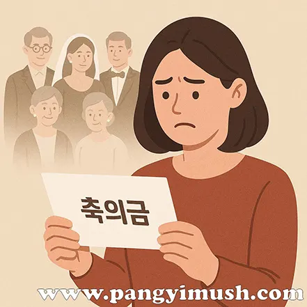 축의금 봉투를 들고 고민하는 여성의 모습, 결혼식 축의금 문화에 대한 부담과 사회적 의무를 상징하는 일러스트