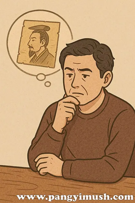 고대 인물을 떠올리며 생각에 잠긴 남성의 일러스트 – 역사와 교훈을 상징하는 그림