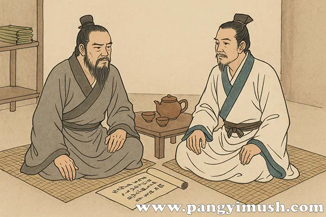 월나라의 범려와 문종이 앉아 대화를 나누는 고전풍 일러스트 – 토사구팽의 유래 장면