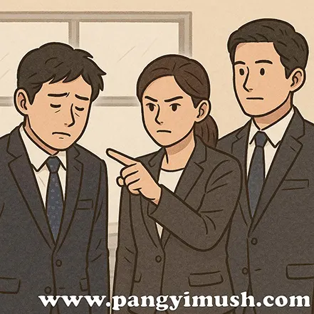 회의 중 한 여성이 남성 동료를 꾸짖는 장면의 일러스트 – 직장 내 갈등과 긴장을 상징