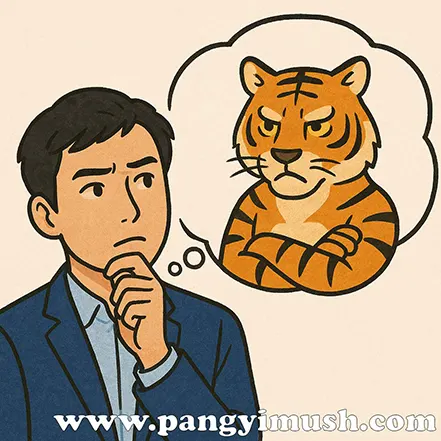 팔짱 낀 호랑이를 떠올리며 고민하는 남성의 일러스트 – 결단과 두려움을 상징하는 그림