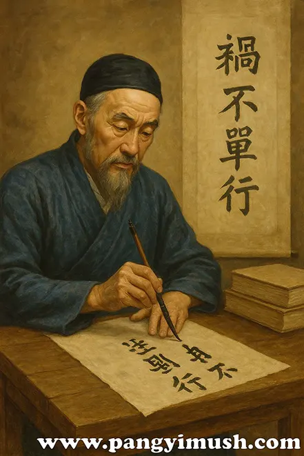 옛 학자가 붓으로 ‘禍不單行’을 쓰고 있는 고전풍 그림