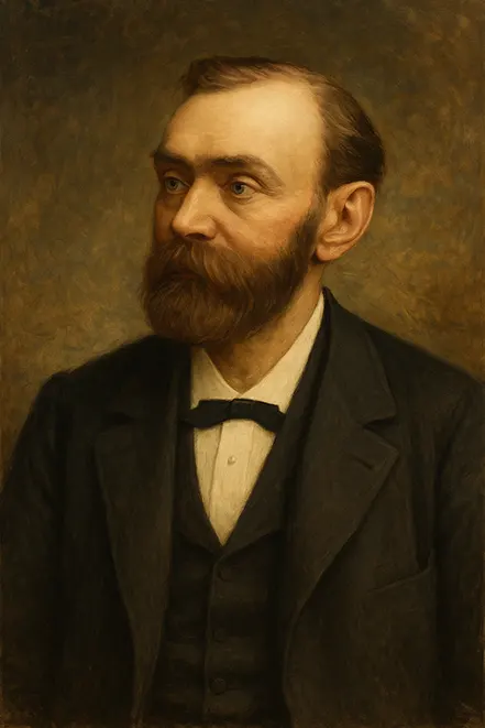 알프레드 노벨의 초상화, 정장을 입고 차분한 표정으로 앉아 있는 모습