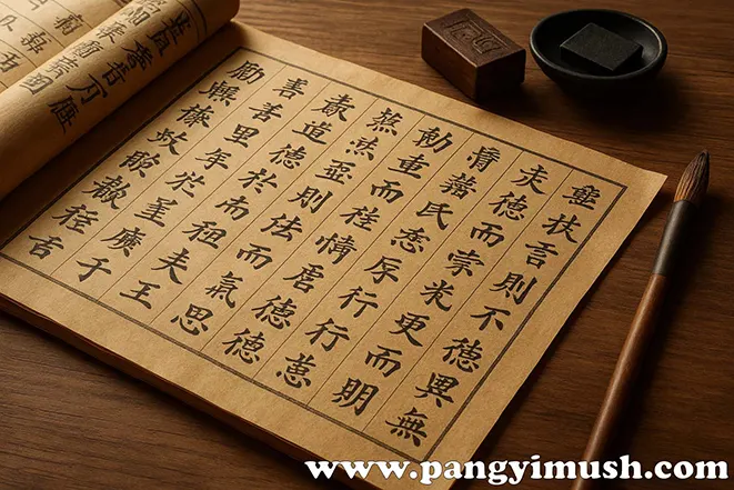 고대 중국의 한문이 적힌 고서를 펼쳐놓은 모습으로, 붓과 벼루가 함께 배치된 전통적 서예 이미지.