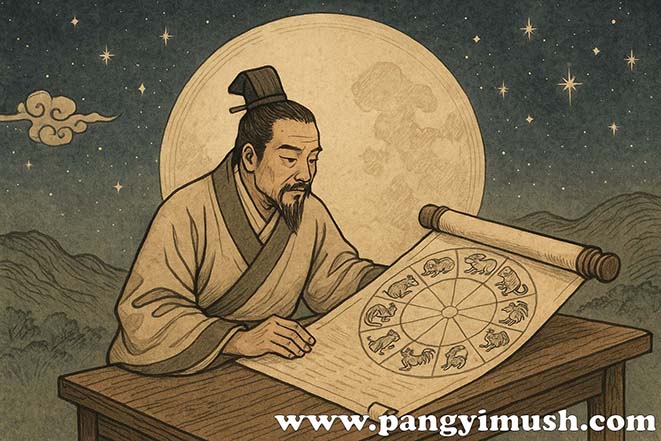 달빛 아래에서 12띠 동물 그림이 그려진 두루마리를 살펴보는 고대 동양 학자 일러스트