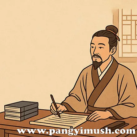 전통 복장을 한 고대 학자가 책상에서 문헌을 쓰고 있는 일러스트 이미지