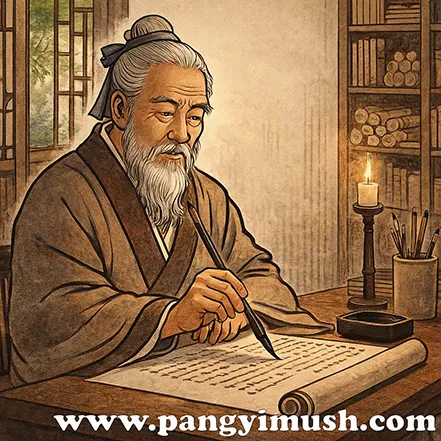 전통 의상을 입은 동양 학자가 두루마리에 글을 쓰고 있는 고전풍 일러스트