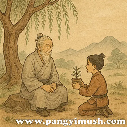 고대 스승이 나무 아래에서 어린 제자에게 가르침을 전하는 모습을 담은 전통 일러스트
