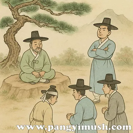 한국 전통 복장을 입은 사람들이 모여 있는 가운데 한 남성이 팔짱을 끼고 사람들을 내려다보는 모습으로 안하무인 관련 설화를 표현한 일러스트