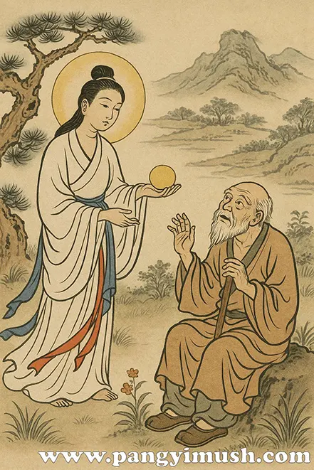 전통 동양 설화풍 그림으로, 젊은 여인이 둥근 황금빛 구슬을 노인에게 건네는 모습을 담은 선행 장면 일러스트.
