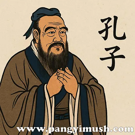 고전적인 동양 화풍으로 그린 공자 일러스트와 ‘공자’라는 한자 표기