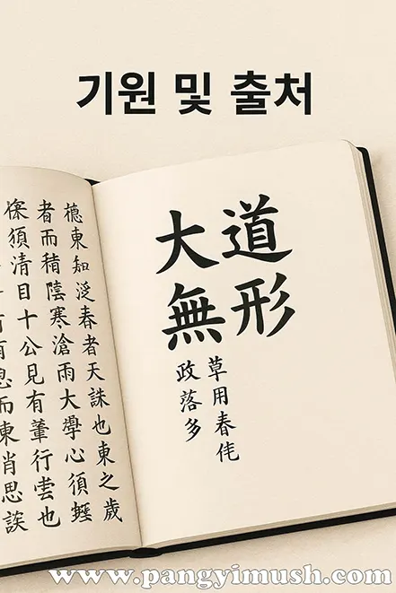 고대 철학서에 적힌 한자 ‘大道無形’을 중심으로 한 전통적인 서책 이미지