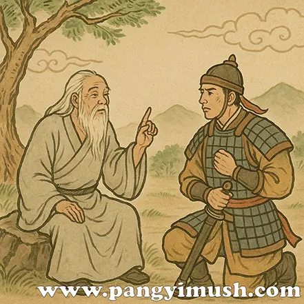 고대 현자가 젊은 무사에게 지혜를 전하는 동양화풍 일러스트