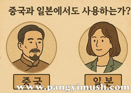 중국과 일본의 인물을 비교 형식으로 보여주는 일러스트, 언강생심이 중국과 일본에서도 사용되는지 설명하는 이미지