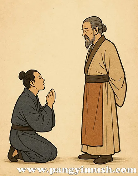 무릎 꿇은 젊은이가 어른에게 공손하게 말하는 장면, 언강생심의 원래 문맥을 표현한 동양화 스타일 일러스트