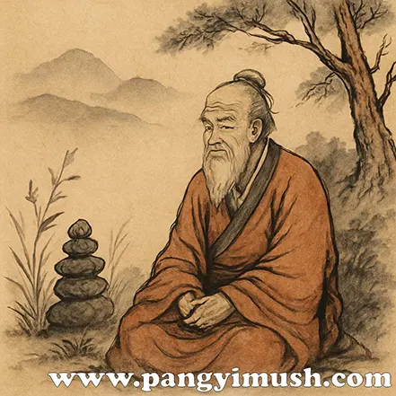 전통 의복을 입은 노인이 산속에서 사색하는 모습의 동양화 일러스트, 언강생심 관련 설화 분위기를 묘사한 그림