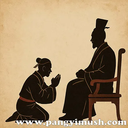 아랫사람이 윗사람에게 무릎을 꿇고 경례하는 모습의 동양풍 실루엣 일러스트, 언강생심의 겸손한 의미를 표현한 장면