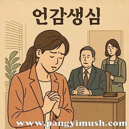 직장에서 여성이 겸손하고 조심스러운 태도로 상사 앞에서 손을 모으는 모습, 언감생심의 현대적 사용 예시를 표현한 일러스트