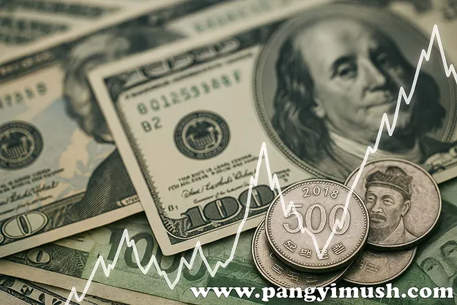 달러 지폐와 원화 동전 위로 상승하는 그래프가 겹쳐진 환율 상승 개념 이미지