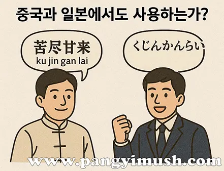 중국과 일본에서 고진감래가 어떻게 사용되는지 보여주는 일러스트 — 중국인과 일본인이 각자 발음을 말하는 모습