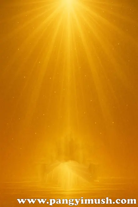 강렬한 황금빛 광채가 내려오며 깨달음을 상징하는 추상적 이미지