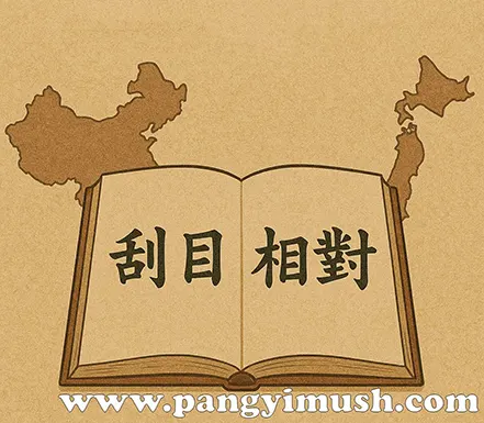 괄목상대 한자를 펼쳐 보인 책과 중국·일본 지도 실루엣이 포함된 일러스트 이미지