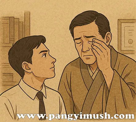 괄목상대의 사용 상황을 표현한 일러스트로, 한 사람이 눈을 비비며 상대의 변화를 바라보는 장면