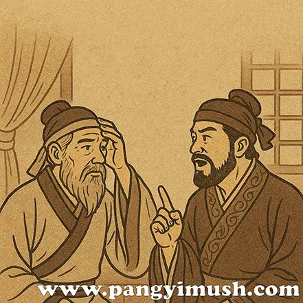 괄목상대의 유래를 표현한 일러스트로, 두 인물이 대화를 나누는 고전적 장면