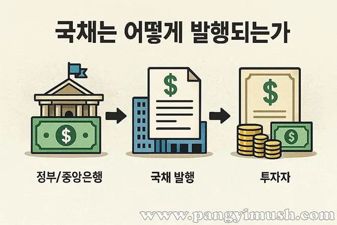 국채는 어떻게 발행되는가 – 정부와 중앙은행이 국채를 발행하고 투자자가 매수하는 과정을 설명한 일러스트