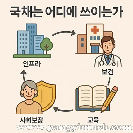 국채는 어디에 쓰이는가 – 인프라, 보건, 교육, 사회보장을 표현한 일러스트